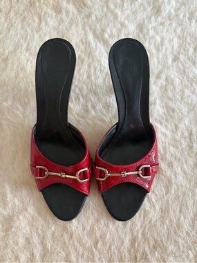 Gucci Vintage Red Leather Open-Toe Mule Heel with Silver Horsebit  EU 37